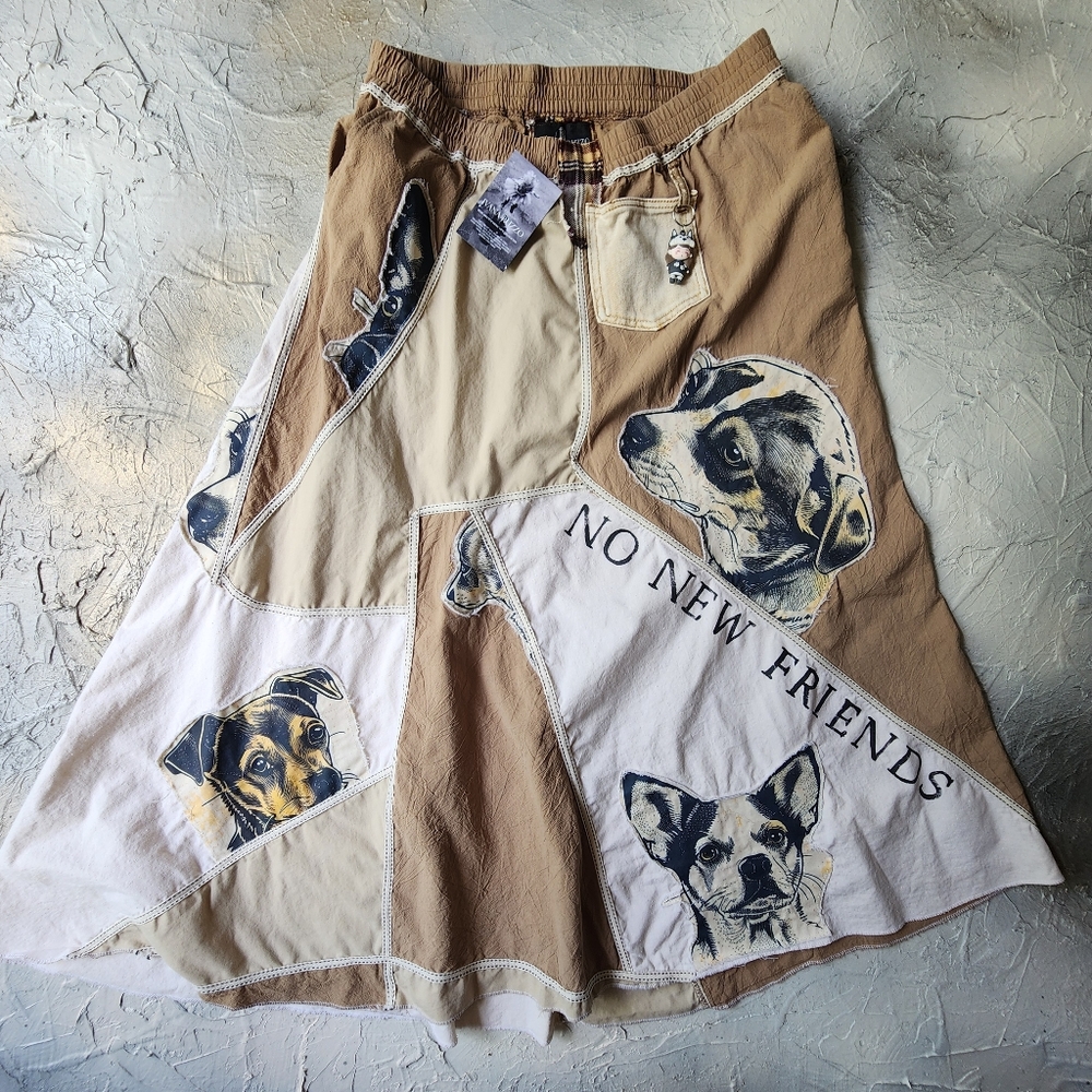 Maxi Skirt Handstitched Patched Dog Puppy Vintage  Distressed Cotton Embroidery